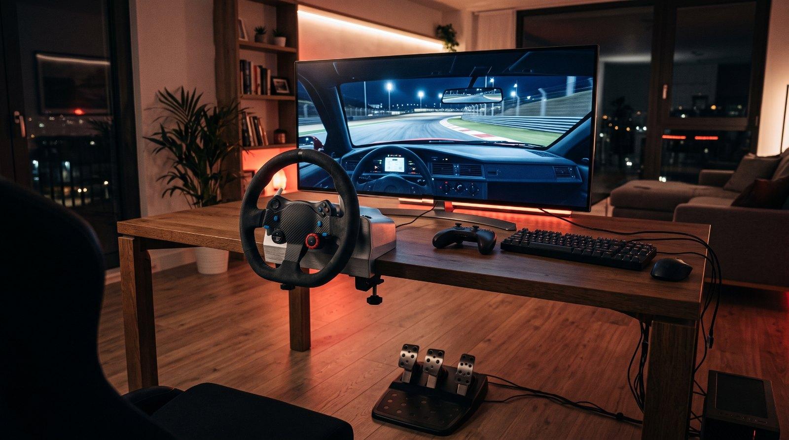 Puesto de simracing en casa: volante con base sujeta a la mesa, pedales en el suelo y una pantalla con un circuito de noche