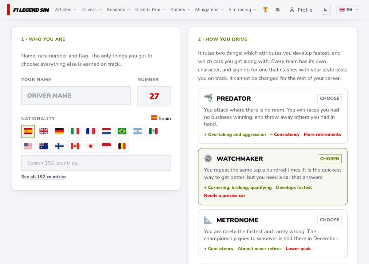 Creating a driver in The Racing Line: name, race number, nationality and driving style