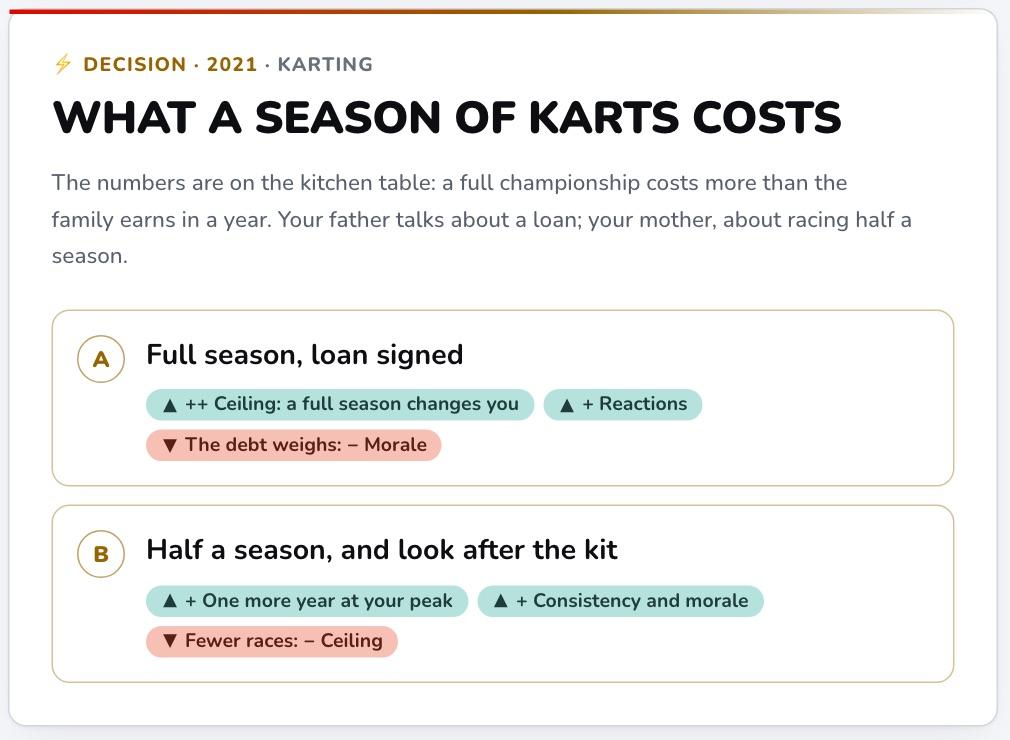 A junior career decision in The Racing Line: a full karting season on a loan or half a season